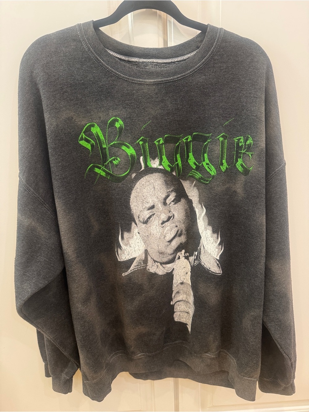 Black Vintage-Style Graphic Sweater with Green 'Biggie' Print